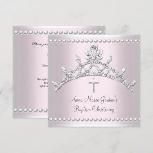 Invitación Tiara de bautizo rosa perla blanca diamante plata