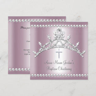Invitación Tiara de Bautizo Rosa Plata Perla Blanca Diamante