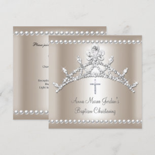 Invitación Tiara de Bautizo Sepia Plata Perla Blanca Diamante