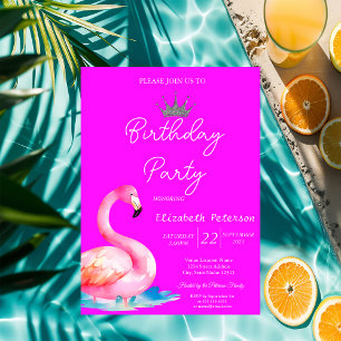 Invitación Tiara de brillo chic flamencos rosa neón Cumpleaño