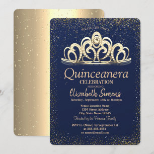 Invitación Tiara de confeti dorado Quinceañera azul marino