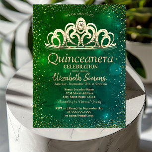 Invitación Tiara de confeti dorado Quinceañera verde acuarela