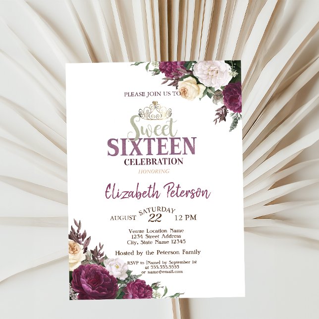 Invitación Tiara de Confeti Flores Borgoña Fiesta Dulces 16 (Subido por el creador)
