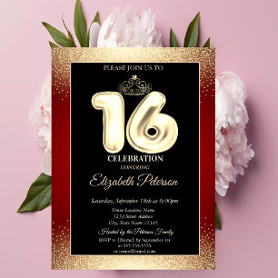 Invitación Tiara de confeti roja y dorada, Fiesta Sweet 16