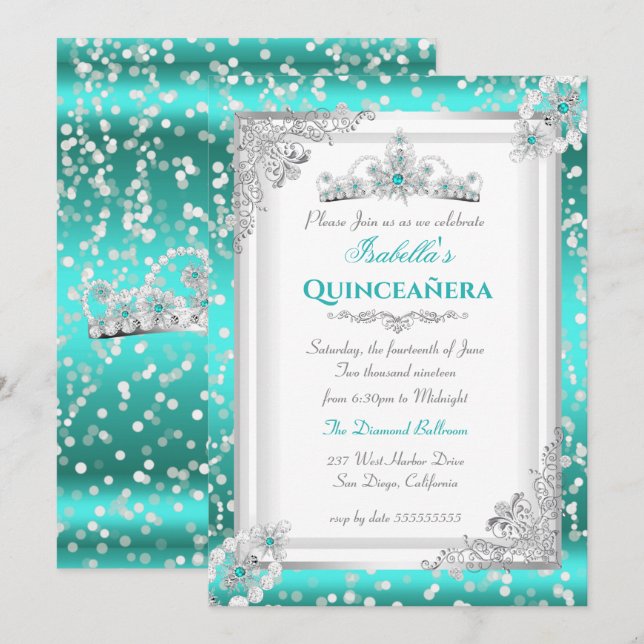Invitación Tiara de copo de nieve plateado azul turquesa para (Anverso / Reverso)