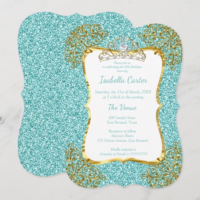 Invitación Tiara de cumpleaños con brillo azul turquesa y dor (Anverso / Reverso)