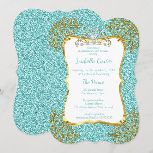Invitación Tiara de cumpleaños con brillo azul turquesa y dor
