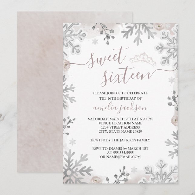 Invitación Tiara de Cumpleaños Dieciséis Rosado Invierno Mara (Anverso / Reverso)