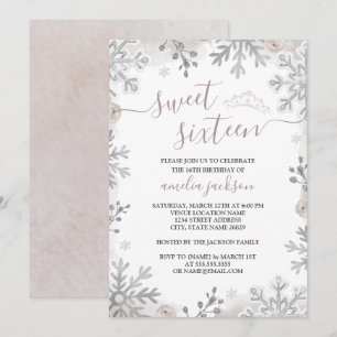 Invitación Tiara de Cumpleaños Dieciséis Rosado Invierno Mara