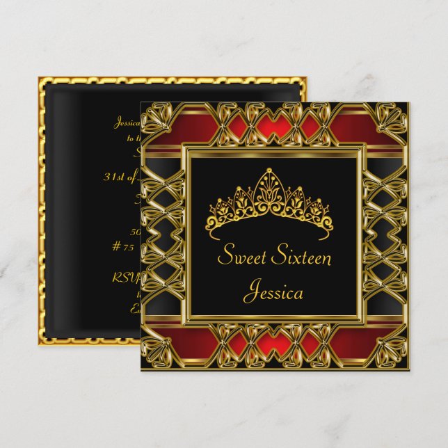 Invitación Tiara de Cumpleaños Dulces 16 Negro Rojo Dorado (Anverso / Reverso)