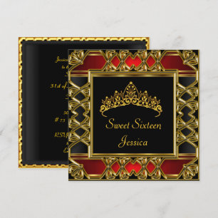 Invitación Tiara de Cumpleaños Dulces 16 Negro Rojo Dorado