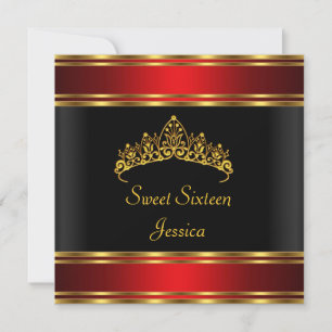 Invitación Tiara de Cumpleaños Dulces 16 Negro Rojo Oro Plata