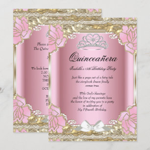 Invitación Tiara de cumpleaños número 15 rosa dorado para Qui