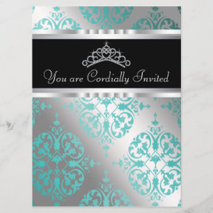 Invitación Tiara de Damasco Azul Verde Azul Negro Quinceañera