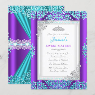 Invitación Tiara de Damasco de Encaje Purpura Teal Plateado p