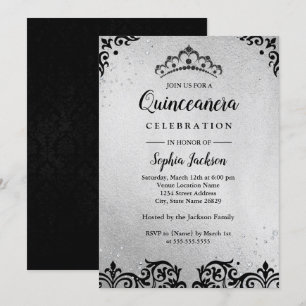 Invitación Tiara de Damasco Plateado Negro Quinceañera