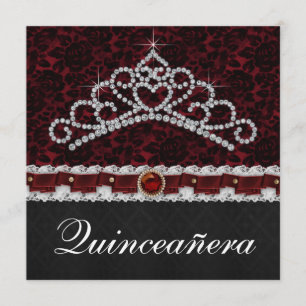 Invitación Tiara de Damasco Rojo Negro Quinceañera
