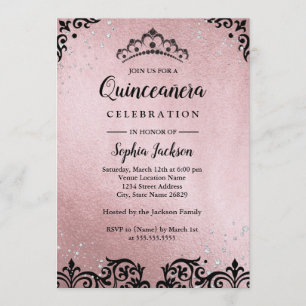 Invitación Tiara de Damasco Rosa Dorado Quinceañera