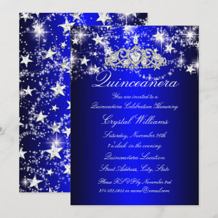 Invitación Tiara de destellos azules y estrellas Quinceañera