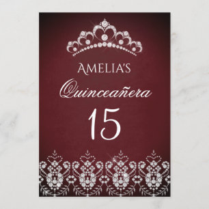Invitación Tiara de destellos plateada y borgoña para Quincea