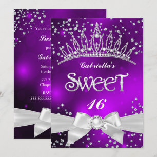 Invitación Tiara de destellos Sweet 16 fiesta púrpura