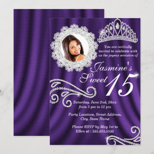 Invitación Tiara de Diamante Plateado Púrpura Foto Quinceañer