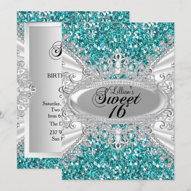 Invitación Tiara de Diamante Purpurina Teal Sweet  (Anverso / Reverso)