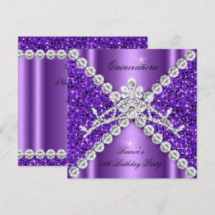 Invitación Tiara de Diamantes con Brillo Purpura para Quincea