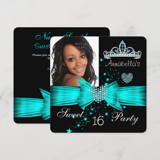 Invitación Tiara de Diamantes de Cumpleaños 16 Dulces Azul Ve (Anverso / Reverso)