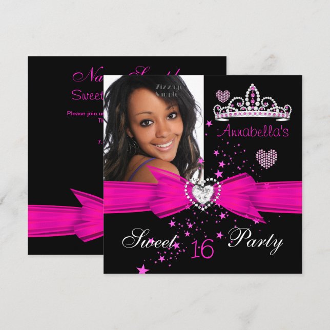 Invitación Tiara de Diamantes de Cumpleaños Sweet 16 Rosa Bri (Anverso / Reverso)