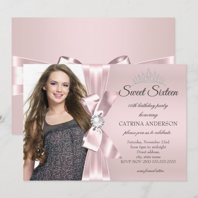 Invitación Tiara de diamantes de foto de arco rosa rubor para (Anverso / Reverso)