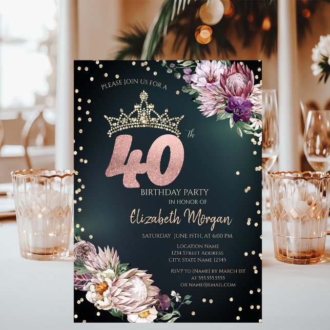 Invitación Tiara de Diamantes Flores Tropicales Verde 40th (Subido por el creador)