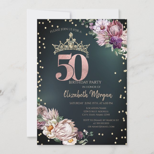 Invitación Tiara de Diamantes Flores Tropicales Verdes 50th (Anverso)