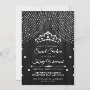 Invitación Tiara de diamantes negros de plata Sweet 16