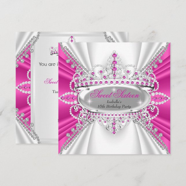 Invitación Tiara de diamantes rosa caliente para princesa de  (Anverso / Reverso)