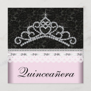Invitación Tiara de diamantes rosa negro Sweet 15 Quinceañera