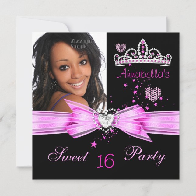 Invitación Tiara de diamantes rosa para cumpleaños Sweet 16 F (Anverso)
