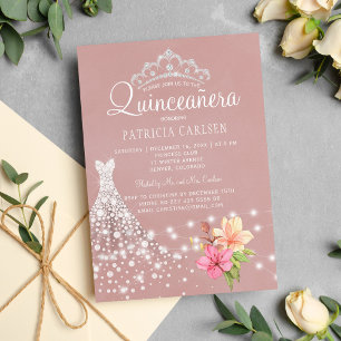 Invitación Tiara de diamantes y vestido floral chic quinceañe