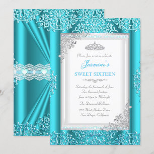 Invitación Tiara de encaje damasco azul teal plateado Sweet 1