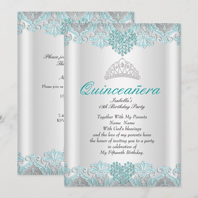 Invitación Tiara de encaje de corazones azul teal para fiesta (Anverso / Reverso)