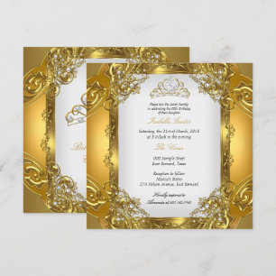 Invitación Tiara de Encaje Perla Blanca Dorada Elite Cumpleañ