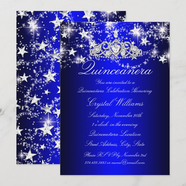 Invitación Tiara de espuma azul y estrellas Quinceanera (Anverso / Reverso)
