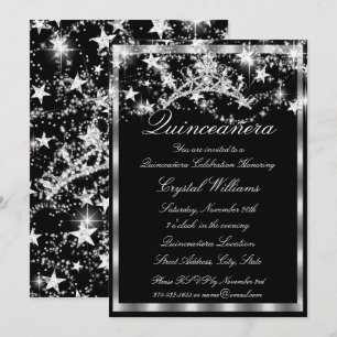 Invitación Tiara de estrellas con brillo plateado negro Quinc