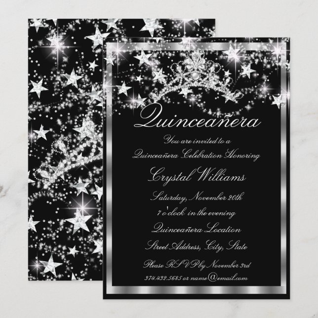 Invitación Tiara de estrellas con brillo plateado negro Quinc (Anverso / Reverso)
