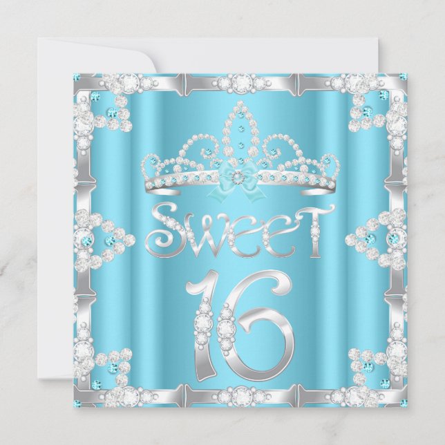 Invitación Tiara de fiesta Sweet 16 Turquesa Diamante Falso (Anverso)