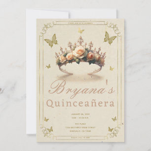 Invitación Tiara de Flor de Rosa y Mariposas de Oro Quinceañe