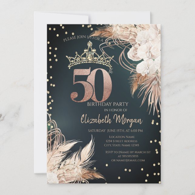 Invitación Tiara de Flores Boho Diamantes Verde 50th (Anverso)