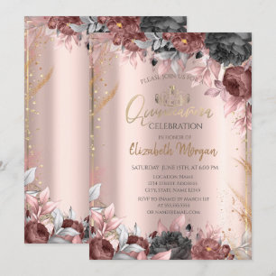 Invitación Tiara de Flores Chic, Diamantes Rosa Dorado Quince