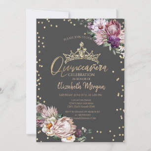 Invitación Tiara de Flores Tropicales Diamantes Gris Quinceañ