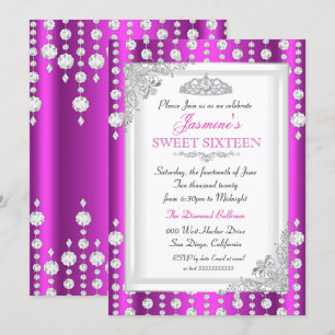 Invitación Tiara de gema púrpura rosa plateada Cumpleaños Swe